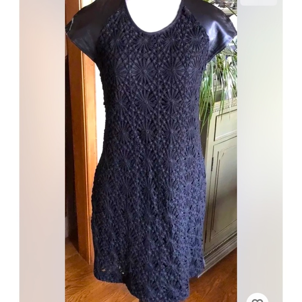 CLUNY Black Dress Cotton Crochet Vegan Leather SZ 6 Anthropologie by C Steffens